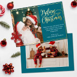 2 photos believe in Christmas magic family Foil Holiday Card<br><div class="desc">Modern holiday greeting card featuring one of your favourite Christmas family portraits on the left complemented by a real gold foil frame and wording that reads "Believe in the magic of Christmas" on the right over an elegant blue background, customisable with your own greeting message. You can upload one more...</div>