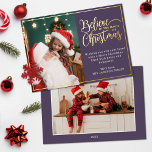 2 photos believe in Christmas magic family Foil Holiday Card<br><div class="desc">Modern holiday greeting card featuring one of your favourite Christmas family portraits on the left complemented by a real gold foil frame and wording that reads "Believe in the magic of Christmas" on the right over an elegant violet background, customisable with your own greeting message. You can upload one more...</div>