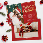 2 photos believe in Christmas magic family red Foil Holiday Card<br><div class="desc">Modern holiday greeting card featuring one of your favourite Christmas family portraits on the left complemented by a real gold foil frame and wording that reads "Believe in the magic of Christmas" on the right over a festive red background, customisable with your own greeting message. You can upload one more...</div>