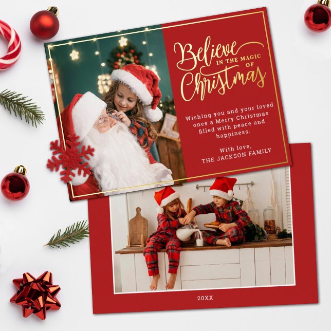 2 photos believe in Christmas magic family red Foil Holiday Card (Creator Uploaded)