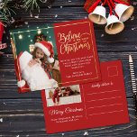 2 photos believe in Christmas magic family red Foil Holiday Postcard<br><div class="desc">Modern holiday greeting postcard featuring one of your favourite Christmas family portraits on the left complemented by a real gold foil frame and wording that reads "Believe in the magic of Christmas" on the right over a festive red background, customisable with your own greeting message. The back of the postcard...</div>