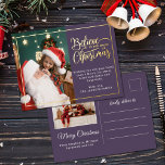 2 photos believe in Christmas magic family violet Foil Holiday Postcard<br><div class="desc">Modern holiday greeting postcard featuring one of your favourite Christmas family portraits on the left complemented by a real gold foil frame and wording that reads "Believe in the magic of Christmas" on the right over a modern violet background, customisable with your own greeting message. The back of the postcard...</div>