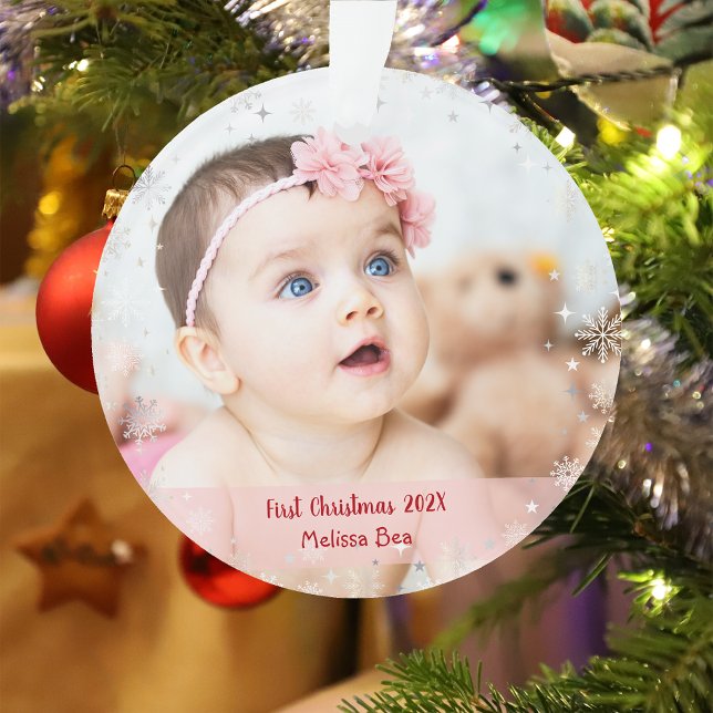 2 Photos Elegant First Christmas Baby Snowflakes Ornament (Modern Elegant Cute Minimalist First Christmas Baby Personalized Name 2 Photos Snowflakes)