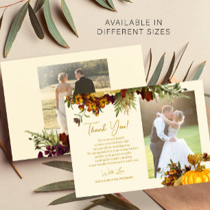 2 photos fall botanical wedding thank you card
