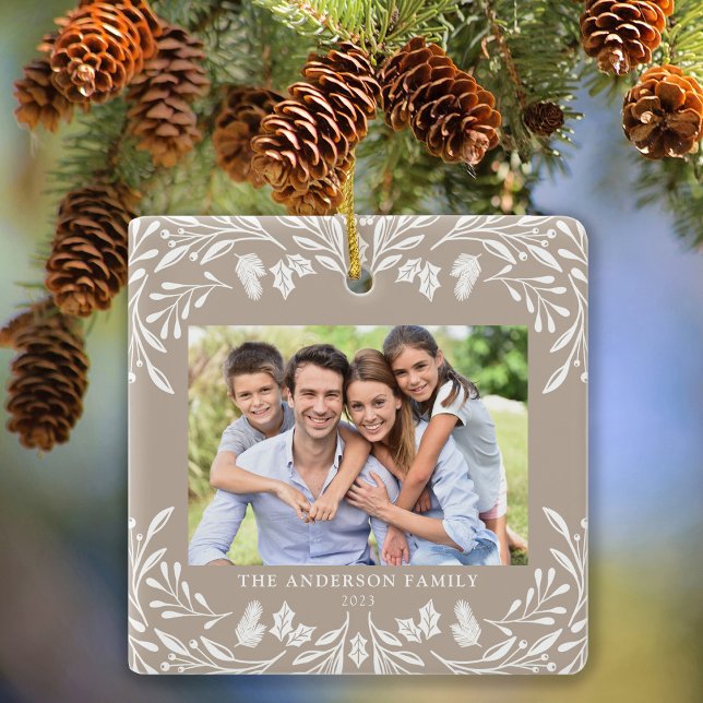 2 Photos Family Winter Greenery Tan Christmas Ceramic Ornament (Creator Uploaded)