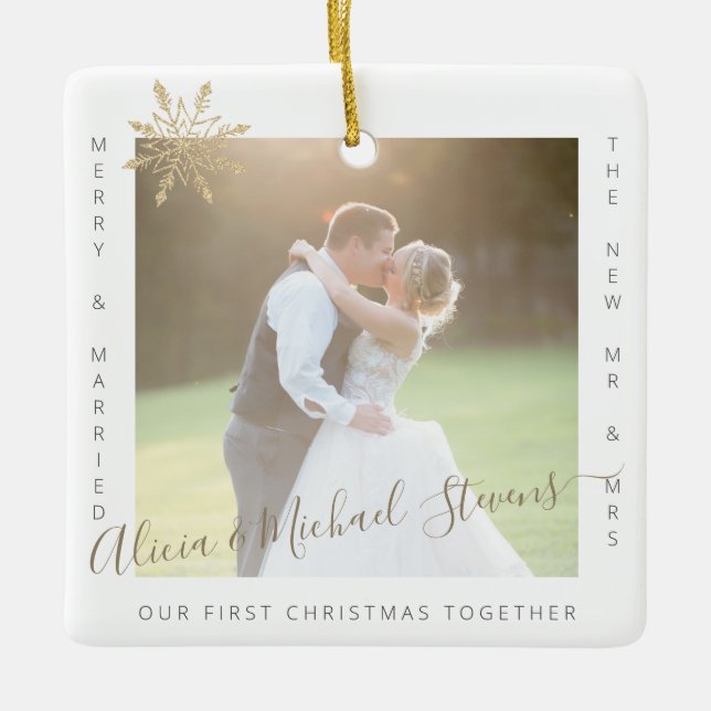 2 photos First Christmas Mr and Mrs married couple Ceramic Ornament (Front)