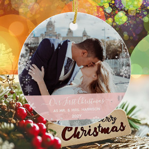 2 Photos First Christmas Mr Mrs Snowflakes Elegant Ceramic Tree Decoration