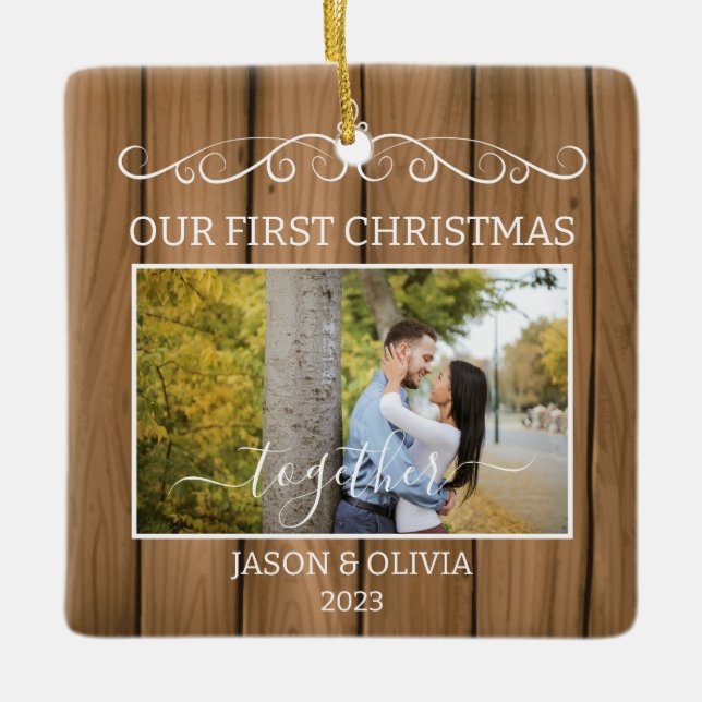 2 Photos First Christmas Together Wood Grain Tiles Ceramic Ornament (Front)