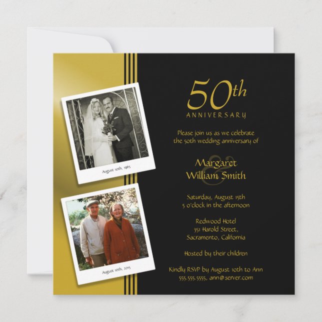 2 Photos Golden 50th Wedding Anniversary Party Invitation (Front)