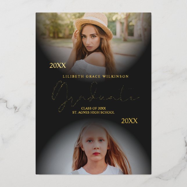 2 Photos Graduation Real Golden Foil Then & Now (Front)