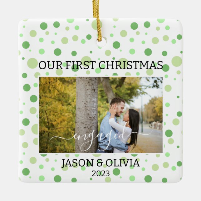 2 Photos Green Polka Dot First Christmas Engaged  Ceramic Ornament (Front)