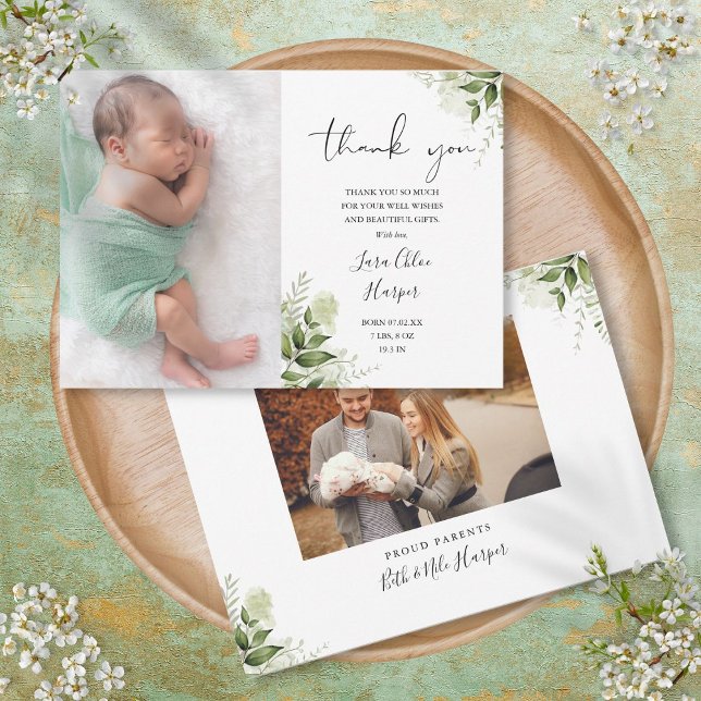 2 Photos Greenery Floral Thank You Baby Birth Announcement (2 Photos Greenery Floral Thank You Baby Birth Announcement)