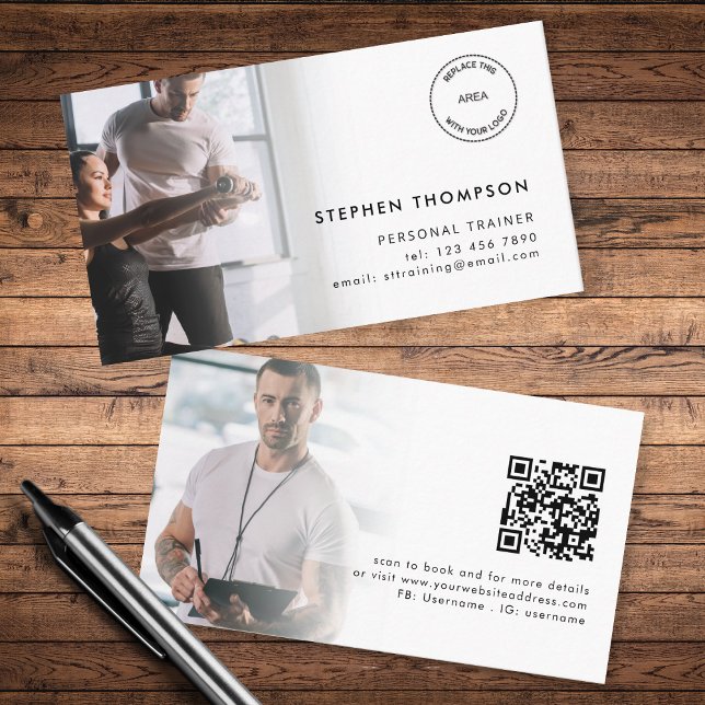 2 Photos Logo QR Code Personal Trainer Business Card (Front and back view)