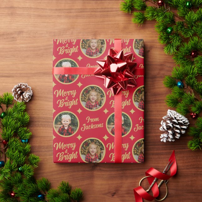 2 Photos Merry & Bright Christmas Family Name Wrapping Paper (Holiday Gift)
