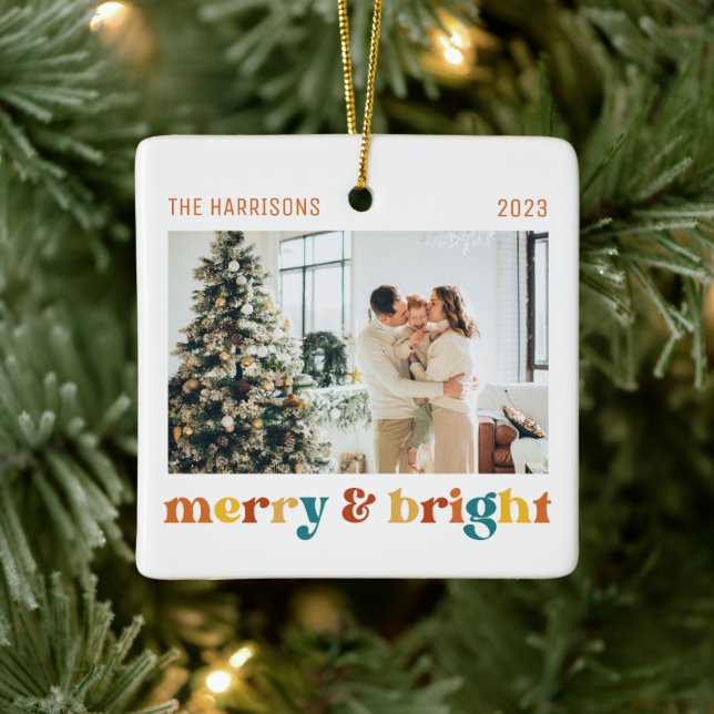 2 Photos Merry & Bright Family Retro Ceramic Ornament (Tree)