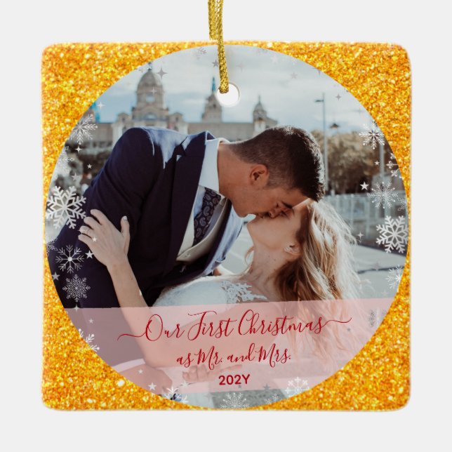 2 Photos Our First Christmas Mr Mrs Gold Glitter  Ceramic Ornament (Front)