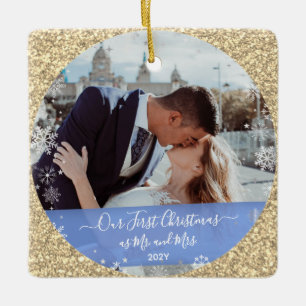2 Photos Our First Christmas Mr Mrs Sepia Glitter Ceramic Ornament