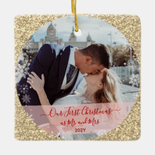 2 Photos Our First Christmas Mr Mrs Sepia Glitter  Ceramic Ornament