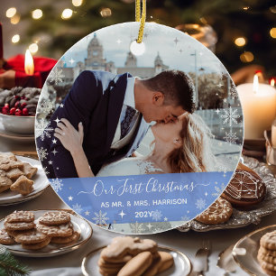 2 Photos Our First Christmas Mr Mrs Snow Elegant Ceramic Tree Decoration