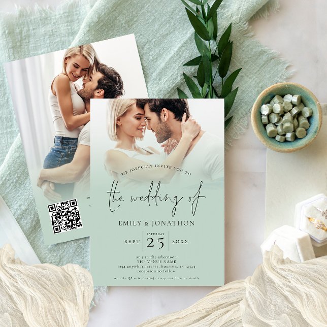  2 Photos Overlay Script QR Code Sage Wedding  Invitation (Front and back view. Available printed or digitally. )