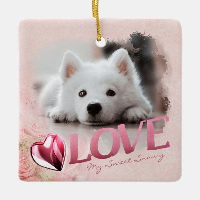 2 Photos Pet Keepsake, Love & Heart, Pink - Square Ceramic Ornament (Front)