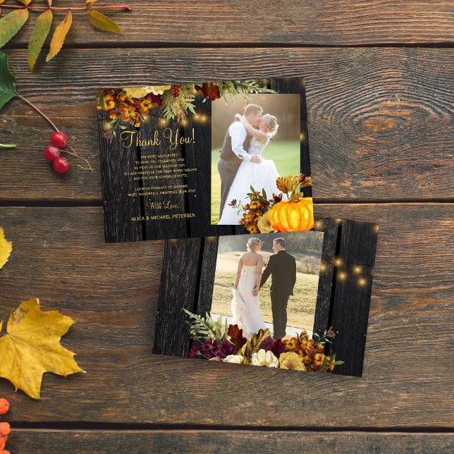 2 photos rustic fall floral wood wedding thank you card (Creator Uploaded)