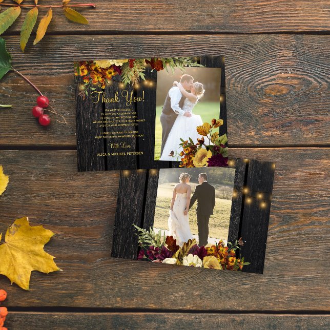 2 photos rustic fall floral wood wedding thank you card (Creator Uploaded)
