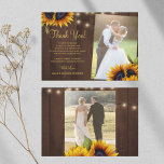 2 photos rustic sunflowers barn wood wedding thank you card<br><div class="desc">Elegant chic summer or fall wedding stylish thank you card template on brown barn wood featuring beautiful sunflowers bouquets, strings or twinkle lights, and a chic faux gold calligraphy script. Easy to personalise with your details and two photos on front and back! Suitable for elegant summer or autumn fall rustic...</div>