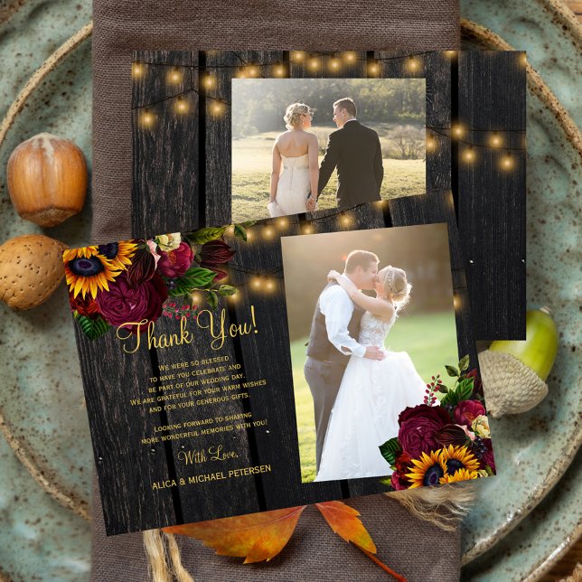 2 photos rustic sunflowers roses wood wedding thank you card (Creator Uploaded)