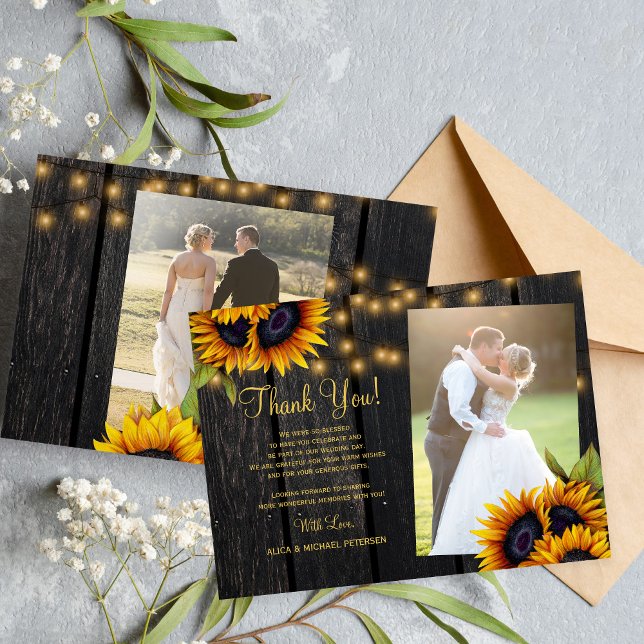 2 photos rustic sunflowers wood wedding thank you card (This is a MINI SIZE note card. Bigger sizes available)