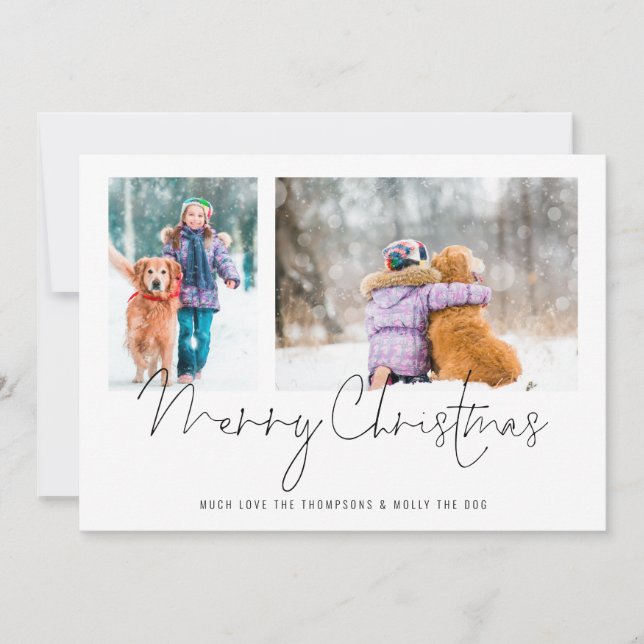 2 Photos Script Family and Dog Merry Christmas Holiday Card (Front)