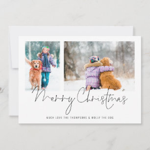 2 Photos Script Family and Dog Merry Christmas Holiday Card