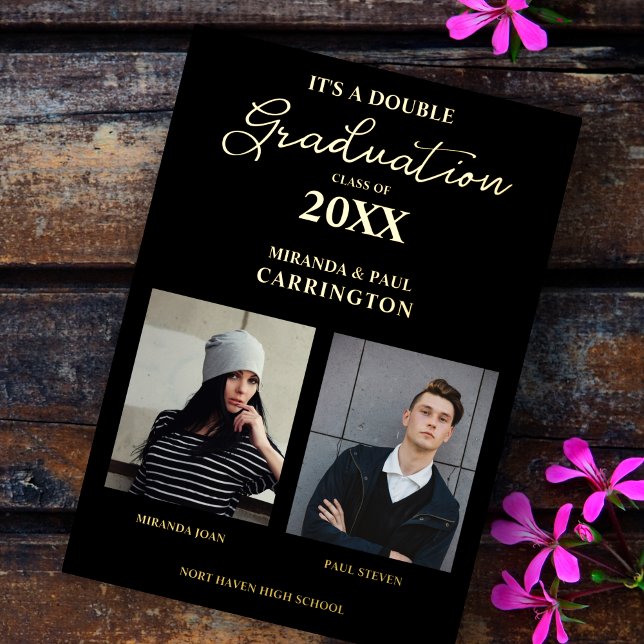 2 Photos Siblings Double Graduation in Black  (Double Graduation Real Golden Black Whimsical Modern Calligraphy 2 Photos Metallic Foil Invitation.)