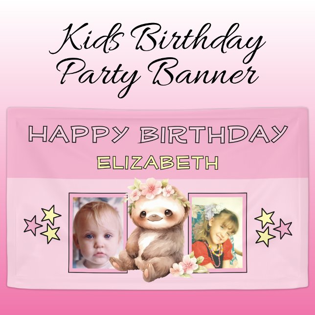 2 photos sloth birthday name kids pink party banner (Creator Uploaded)