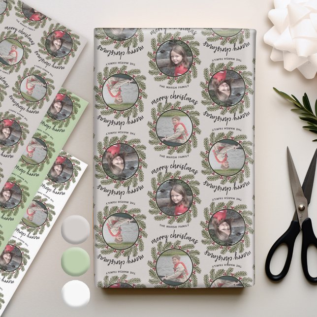 2 Photos with Whimsical Branches Merry Christmas Wrapping Paper Sheet (Personalized Photo Wrapping Paper)