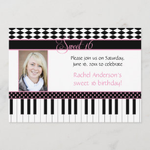 #2 Pink Black Piano Theme Sweet 16 Birthday Invitation