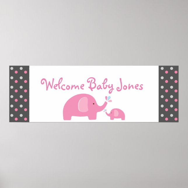 2 Pink Elephants Baby Shower Sprinkle Party Banner Poster (Front)