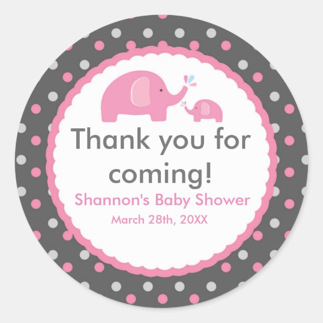 2 PINK ELEPHANTS Polka Dot Baby Shower Sticker (Front)
