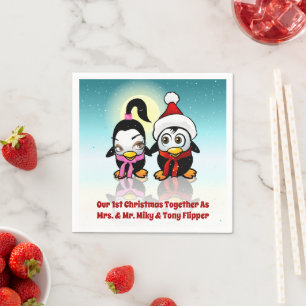 2 Polar Love Birds Celebrating Christmas Napkin