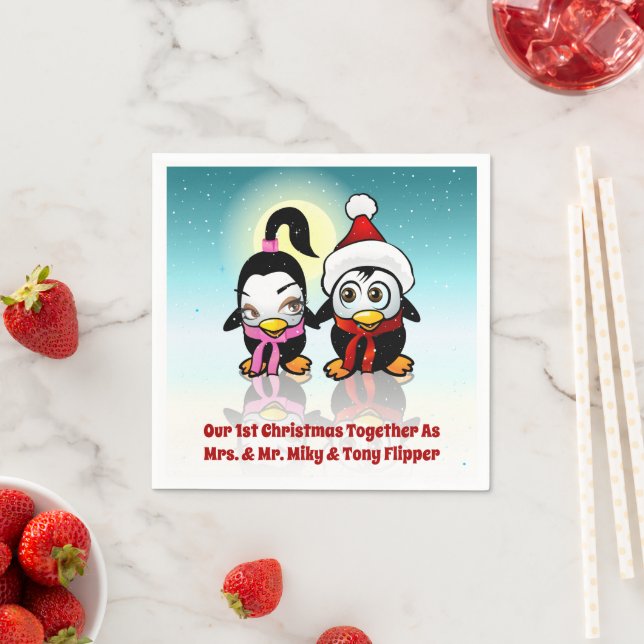 2 Polar Love Birds Celebrating Christmas Napkin (Insitu)