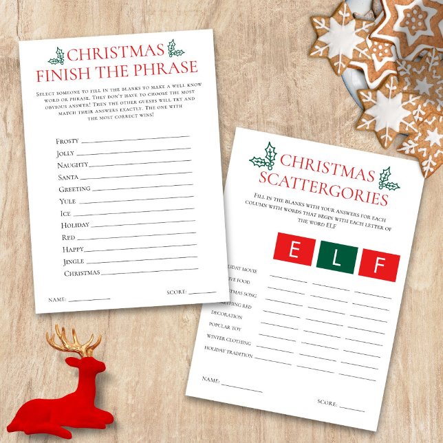2 Printable Christmas Games Scattegories Card (Front and back view)