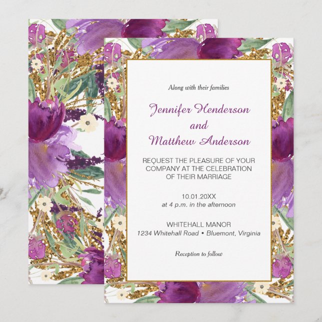 2 Purple Amethyst Flowers Gold Glitter Invitations (Front/Back)