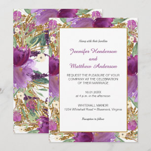 2 Purple Amethyst Flowers Gold Glitter Invitations