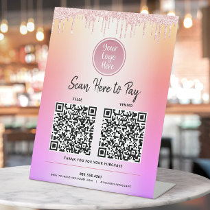 2 QR Code Logo Pink Glitter Pay Here Rainbow Ombre Pedestal Sign