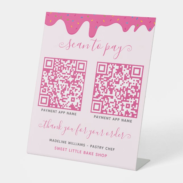 2 QR Code Mobile Payment Pink Business Pedestal Sign (Front)