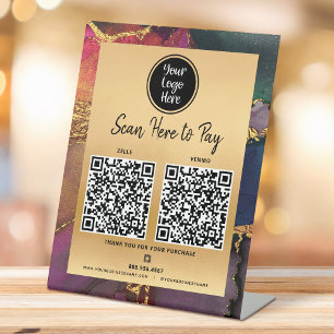 2 QR Code Pay Here Logo Gold Purple Blue Marble Pedestal Sign