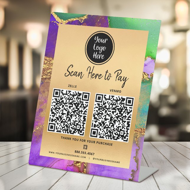 2 QR Code Pay Here Logo Gold Purple Green Agate Pedestal Sign (Creator Uploaded)