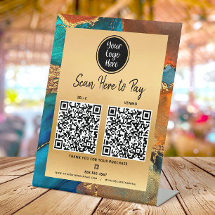 2 QR Code Pay Here Logo Gold Turquoise Blue Agate Pedestal Sign