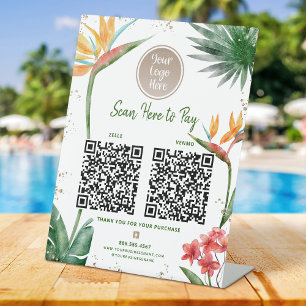2 QR Code Pay Here Logo Tropical Palm Gold Glitter Pedestal Sign