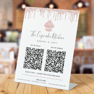 2 QR Code Pay Here Pink Rose Gold Cupcake Glitter Pedestal Sign